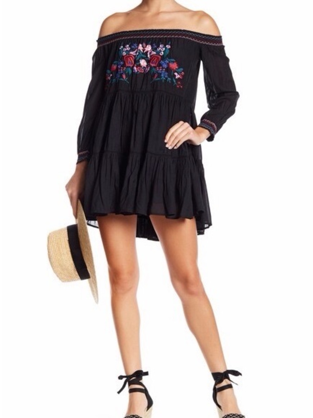 Free People Black Off-Shoulder Embroidered Tiered Mini Dress